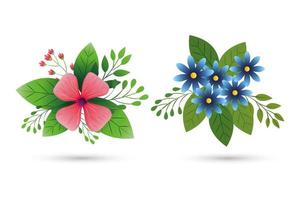 cute flowers with branches and leafs vector