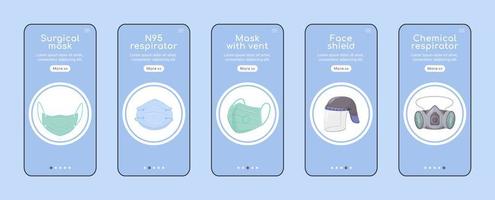 Respirators onboarding mobile app screen flat vector template