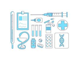 Medicine items turquoise linear objects set vector