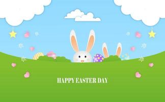 The little bunny plays hide Easter eggs in the meadow vector