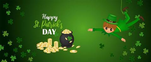 feliz st. Ilustración de vector del día de San Patricio con niño colgante y caldero con monedas