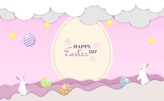 Little bunnies greeting for Easter day on clouds. Happy Easter postcard vector. vector