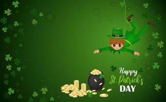 Happy St. Patrick's Day vector illustration with hanging boy and cauldron with coins