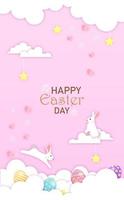 Little bunnies playing with Easter eggs on clouds vector