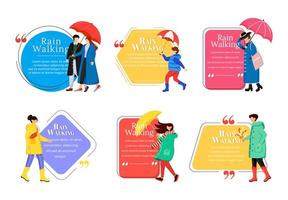 Rain walking flat color vector character quotes set