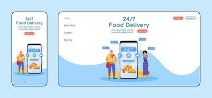 24 hours food delivery adaptive landing page flat color vector template