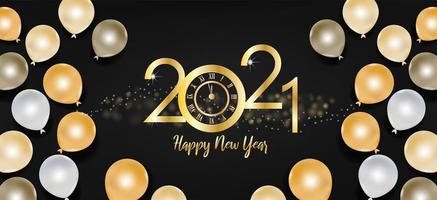 Happy new year 2021 text and gold and black balloons vector