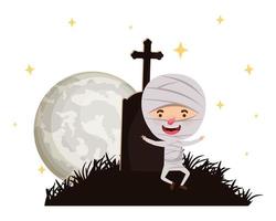 cute little boy with mummy costume in cemetery vector