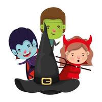 cute little kids with hat witch characters vector
