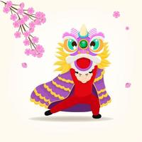 Lion dancing and greeting for Happy Chinese new year. vector