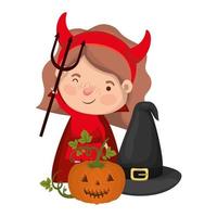 cute little girl with devil costume and pumpkin vector