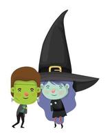 cute little kids with frankenstein and witch costume vector