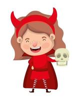 cute little girl with devil costume and skull vector