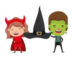 cute little kids with frankenstein and devil costume vector