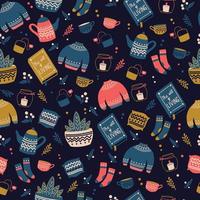 Seamless pattern with hygge concept items. Colorful illustration design. Scandinavian folk motives. vector