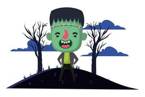 lindo niño con traje de frankenstein en escena oscura vector