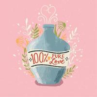 Love potion bottle with hand lettering. Colorful hand drawn illustration for Happy Valentines day. Greeting card with foliage and decorative elements. vector