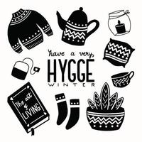 concepto de Hygge con letras a mano en blanco y negro y diseño de ilustraciones. motivos populares escandinavos. vector