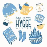 concepto de Hygge con letras coloridas a mano y diseño de ilustraciones. motivos populares escandinavos. ambiente acogedor en casa. ilustración vectorial plana. vector