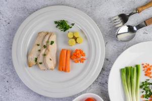 Steamed chicken breast on a white plate with spring onions and carrots photo
