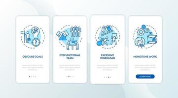 Burnout onboarding mobile app page screen with concepts. Argument with coworkers. Work stress walkthrough 4 steps graphic instructions. UI vector template with RGB color illustrations