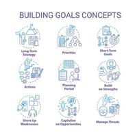 Building goals concept icons set. Setting target to achieve. SWOT strategies. vector