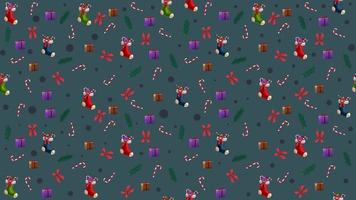 Christmas seamless blue texture with Christmas tree branches, Christmas stockings, candy canes, presents and bows vector