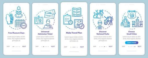 Excursions onboarding mobile app page screen with concepts. Free galleries. Parks attending. vector