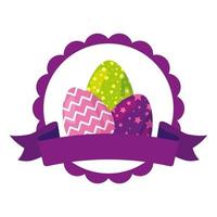 sello de encaje con un juego de lindos huevos de pascua decorados y cinta vector