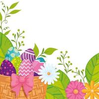 eggs easter in basket wicker and flowers decoration vector
