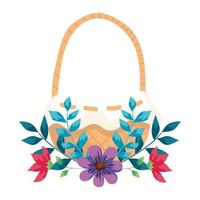 basket wicker with flowers and leafs decoration vector