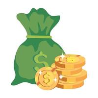 pile coins with money bag isolated icon vector