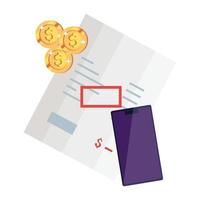 bono de papel con smartphone y monedas vector