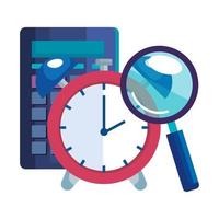 magnifying glass with calculator math and alarm clock vector