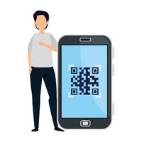 hombre y dispositivo smartphone con código de escaneo qr vector