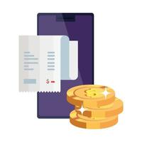 paper voucher with pile coins and smartphone isolated icon vector