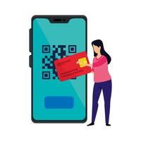 dispositivo de mujer y teléfono inteligente con código de escaneo qr vector