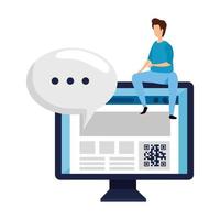 Hombre y computadora con icono aislado de código qr vector