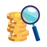 magnifying glass with pile coins isolated icon vector