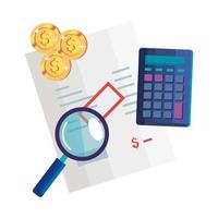 magnifying glass with calculator math and icons vector