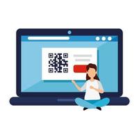 mujer y laptop con codigo qr vector