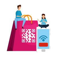 couple with code qr in bag shopping and smartphone vector