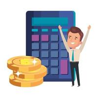 calculator with businessman and pile coins vector