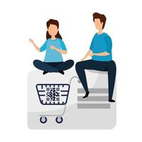 pareja con código qr en carrito de compras vector