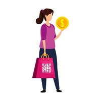 mujer y código qr en bolsa para picar y moneda vector