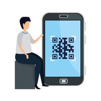 hombre y dispositivo smartphone con código de escaneo qr vector