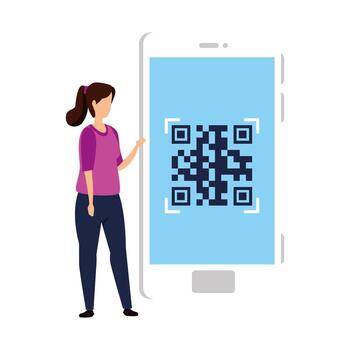 dispositivo de mujer y teléfono inteligente con código de escaneo qr vector
