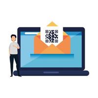 man with qr code in envelope and laptop vector