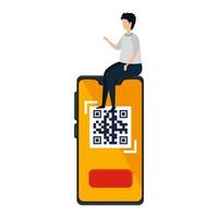 hombre y dispositivo smartphone con código de escaneo qr vector