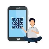 hombre y dispositivo smartphone con código de escaneo qr vector